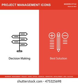 Set Of Project Management Icons On Decision Making And Best Solution. Project Management Icons Can Be Used For Web, Mobile And Infographics Design. Vector Illustration, Eps10.