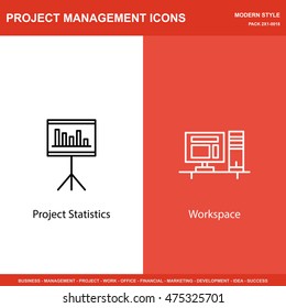 Set Of Project Management Icons On Statistics And Workspace. Project Management Icons Can Be Used For Web, Mobile And Infographics Design. Vector Illustration, Eps10.