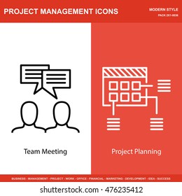 Set Of Project Management Icons On Team Meeting And Planning. Project Management Icons Can Be Used For Web, Mobile And Infographics Design. Vector Illustration, Eps10.