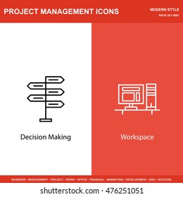 Set Of Project Management Icons On Decision Making And Workspace. Project Management Icons Can Be Used For Web, Mobile And Infographics Design. Vector Illustration, Eps10.