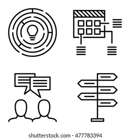 Set Of Project Management Icons On Decision Making, Idea Brainstorming And Creativity. Project Management Vector Icons For App, Web, Mobile And Infographics Design.