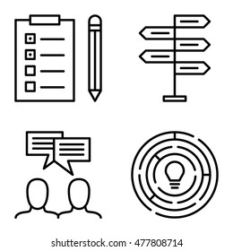 Set Of Project Management Icons On Decision Making, Idea Brainstorming And Creativity. Project Management Vector Icons For App, Web, Mobile And Infographics Design.