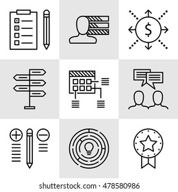 Set Of Project Management Icons On Decision Making, Personality And Team Meeting. Project Management Vector Icons For App, Web, Mobile And Infographics Design.