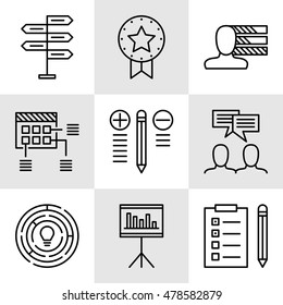 Set Of Project Management Icons On Decision Making, Personality And Team Meeting. Project Management Vector Icons For App, Web, Mobile And Infographics Design.