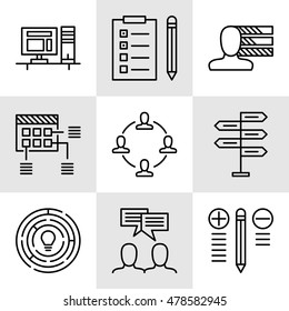 Set Of Project Management Icons On Decision Making, Personality And Team Meeting. Project Management Vector Icons For App, Web, Mobile And Infographics Design.