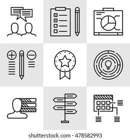 Set Of Project Management Icons On Decision Making, Personality And Team Meeting. Project Management Vector Icons For App, Web, Mobile And Infographics Design.