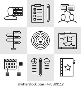 Set Of Project Management Icons On Decision Making, Personality And Team Meeting. Project Management Vector Icons For App, Web, Mobile And Infographics Design.