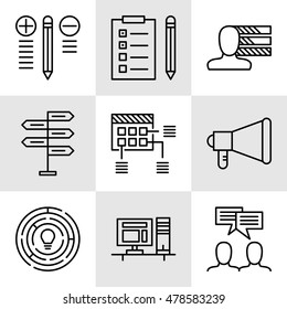 Set Of Project Management Icons On Decision Making, Personality And Team Meeting. Project Management Vector Icons For App, Web, Mobile And Infographics Design.