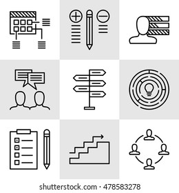 Set Of Project Management Icons On Decision Making, Personality And Team Meeting. Project Management Vector Icons For App, Web, Mobile And Infographics Design.