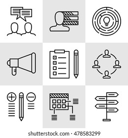 Set Of Project Management Icons On Decision Making, Personality And Team Meeting. Project Management Vector Icons For App, Web, Mobile And Infographics Design.