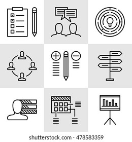 Set Of Project Management Icons On Decision Making, Personality And Team Meeting. Project Management Vector Icons For App, Web, Mobile And Infographics Design.