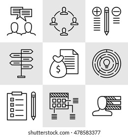 Set Of Project Management Icons On Decision Making, Personality And Team Meeting. Project Management Vector Icons For App, Web, Mobile And Infographics Design.