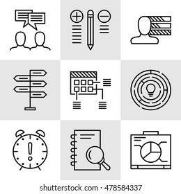 Set Of Project Management Icons On Decision Making, Personality And Team Meeting. Project Management Vector Icons For App, Web, Mobile And Infographics Design.