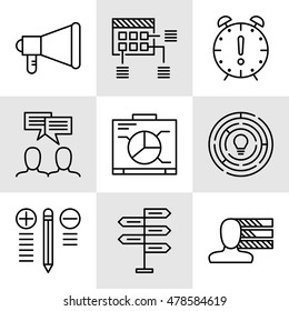 Set Of Project Management Icons On Decision Making, Personality And Team Meeting. Project Management Vector Icons For App, Web, Mobile And Infographics Design.
