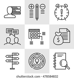 Set Of Project Management Icons On Decision Making, Personality And Team Meeting. Project Management Vector Icons For App, Web, Mobile And Infographics Design.