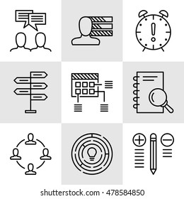 Set Of Project Management Icons On Decision Making, Personality And Team Meeting. Project Management Vector Icons For App, Web, Mobile And Infographics Design.
