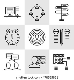Set Of Project Management Icons On Decision Making, Personality And Team Meeting. Project Management Vector Icons For App, Web, Mobile And Infographics Design.