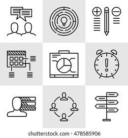 Set Of Project Management Icons On Decision Making, Personality And Team Meeting. Project Management Vector Icons For App, Web, Mobile And Infographics Design.