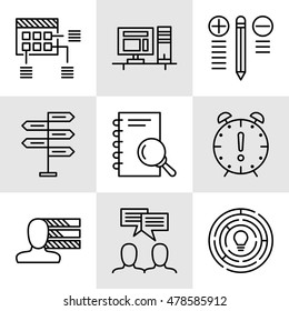 Set Of Project Management Icons On Decision Making, Personality And Team Meeting. Project Management Vector Icons For App, Web, Mobile And Infographics Design.