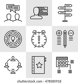 Set Of Project Management Icons On Decision Making, Personality And Team Meeting. Project Management Vector Icons For App, Web, Mobile And Infographics Design.