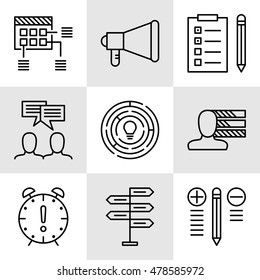 Set Of Project Management Icons On Decision Making, Personality And Team Meeting. Project Management Vector Icons For App, Web, Mobile And Infographics Design.