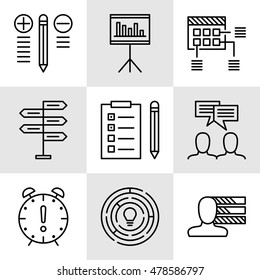 Set Of Project Management Icons On Decision Making, Personality And Team Meeting. Project Management Vector Icons For App, Web, Mobile And Infographics Design.