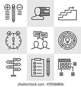 Set Of Project Management Icons On Decision Making, Personality And Team Meeting. Project Management Vector Icons For App, Web, Mobile And Infographics Design.