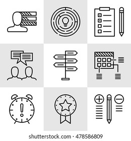 Set Of Project Management Icons On Decision Making, Personality And Team Meeting. Project Management Vector Icons For App, Web, Mobile And Infographics Design.