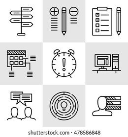 Set Of Project Management Icons On Decision Making, Personality And Team Meeting. Project Management Vector Icons For App, Web, Mobile And Infographics Design.
