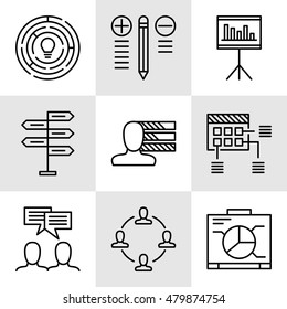 Set Of Project Management Icons On Decision Making, Personality And Team Meeting. Project Management Vector Icons For App, Web, Mobile And Infographics Design.
