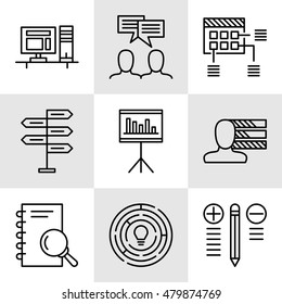 Set Of Project Management Icons On Decision Making, Personality And Team Meeting. Project Management Vector Icons For App, Web, Mobile And Infographics Design.