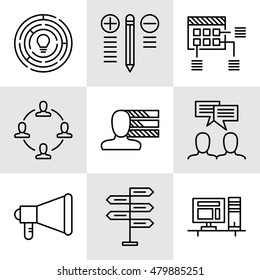 Set Of Project Management Icons On Decision Making, Personality And Team Meeting. Project Management Vector Icons For App, Web, Mobile And Infographics Design.
