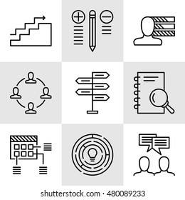 Set Of Project Management Icons On Decision Making, Personality And Team Meeting. Project Management Vector Icons For App, Web, Mobile And Infographics Design.