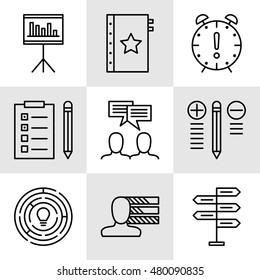 Set Of Project Management Icons On Decision Making, Personality And Team Meeting. Project Management Vector Icons For App, Web, Mobile And Infographics Design.