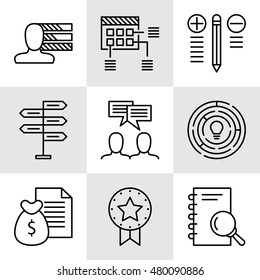 Set Of Project Management Icons On Decision Making, Personality And Team Meeting. Project Management Vector Icons For App, Web, Mobile And Infographics Design.