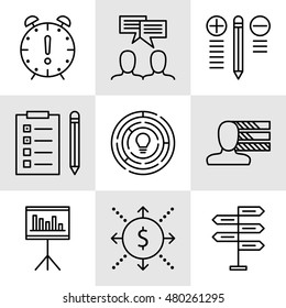 Set Of Project Management Icons On Decision Making, Personality And Team Meeting. Project Management Vector Icons For App, Web, Mobile And Infographics Design.