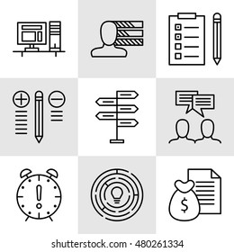 Set Of Project Management Icons On Decision Making, Personality And Team Meeting. Project Management Vector Icons For App, Web, Mobile And Infographics Design.