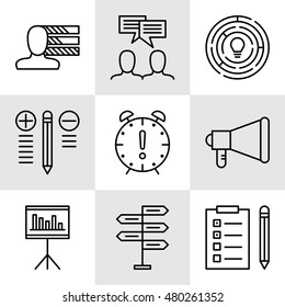 Set Of Project Management Icons On Decision Making, Personality And Team Meeting. Project Management Vector Icons For App, Web, Mobile And Infographics Design.