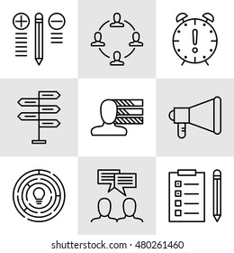 Set Of Project Management Icons On Decision Making, Personality And Team Meeting. Project Management Vector Icons For App, Web, Mobile And Infographics Design.