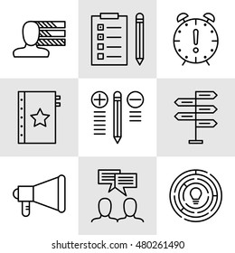 Set Of Project Management Icons On Decision Making, Personality And Team Meeting. Project Management Vector Icons For App, Web, Mobile And Infographics Design.