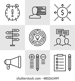 Set Of Project Management Icons On Decision Making, Personality And Team Meeting. Project Management Vector Icons For App, Web, Mobile And Infographics Design.