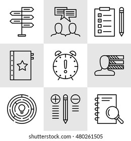 Set Of Project Management Icons On Decision Making, Personality And Team Meeting. Project Management Vector Icons For App, Web, Mobile And Infographics Design.