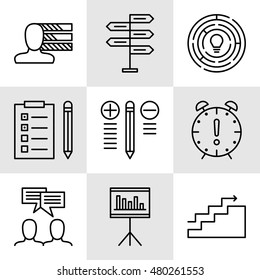 Set Of Project Management Icons On Decision Making, Personality And Team Meeting. Project Management Vector Icons For App, Web, Mobile And Infographics Design.