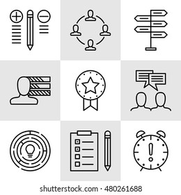 Set Of Project Management Icons On Decision Making, Personality And Team Meeting. Project Management Vector Icons For App, Web, Mobile And Infographics Design.