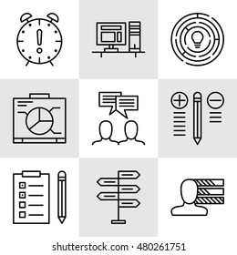 Set Of Project Management Icons On Decision Making, Personality And Team Meeting. Project Management Vector Icons For App, Web, Mobile And Infographics Design.
