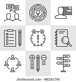 Set Of Project Management Icons On Decision Making, Personality And Team Meeting. Project Management Vector Icons For App, Web, Mobile And Infographics Design.