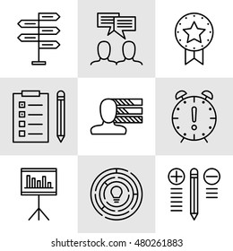 Set Of Project Management Icons On Decision Making, Personality And Team Meeting. Project Management Vector Icons For App, Web, Mobile And Infographics Design.