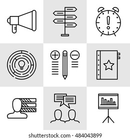 Set Of Project Management Icons On Decision Making, Personality And Team Meeting. Project Management Vector Icons For App, Web, Mobile And Infographics Design.