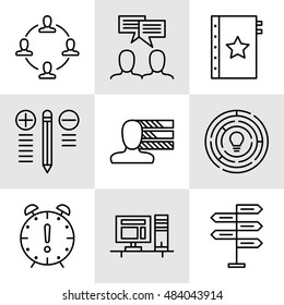 Set Of Project Management Icons On Decision Making, Personality And Team Meeting. Project Management Vector Icons For App, Web, Mobile And Infographics Design.
