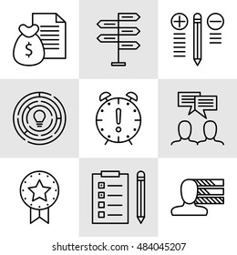 Set Of Project Management Icons On Decision Making, Personality And Team Meeting. Project Management Vector Icons For App, Web, Mobile And Infographics Design.
